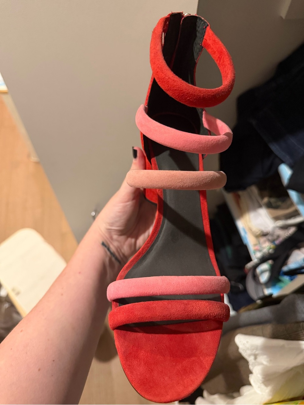 Rebecca Minkoff Red and Pink Suede Block Heel Sandals Size 11